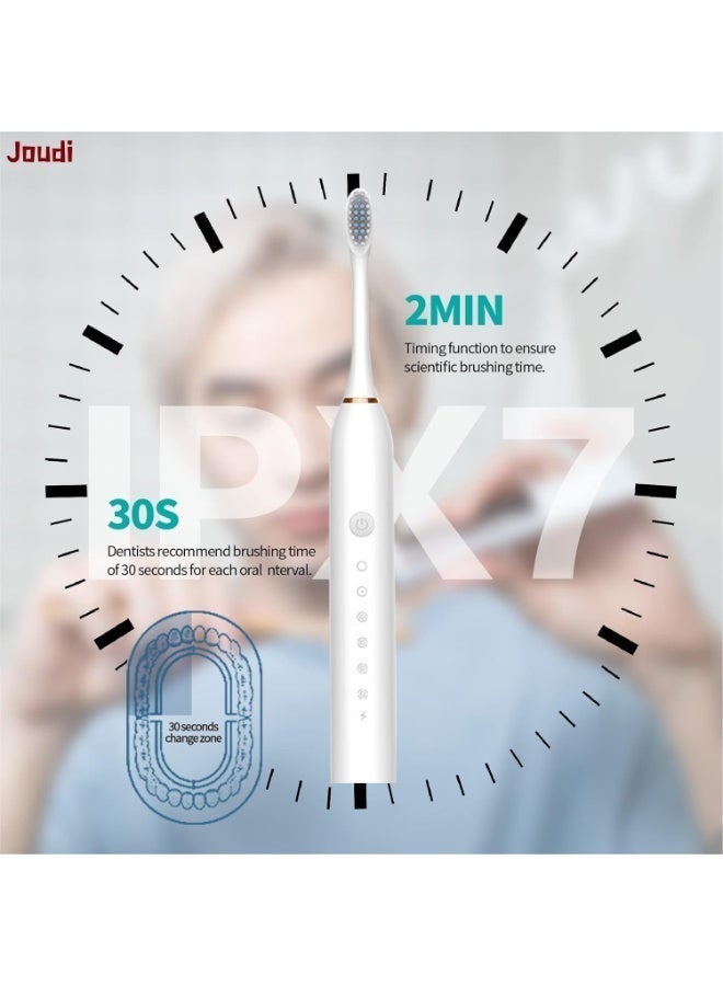 Joudi Sonic Electric Toothbrushes, USB Rechargeable Ultrasonic Tooth Brush with 4 Brush Heads 6 Cleaning Modes and Smart Timer IPX7 Waterproof Cleaning Toothbrushes for Adults and Kids（White） - Image 4